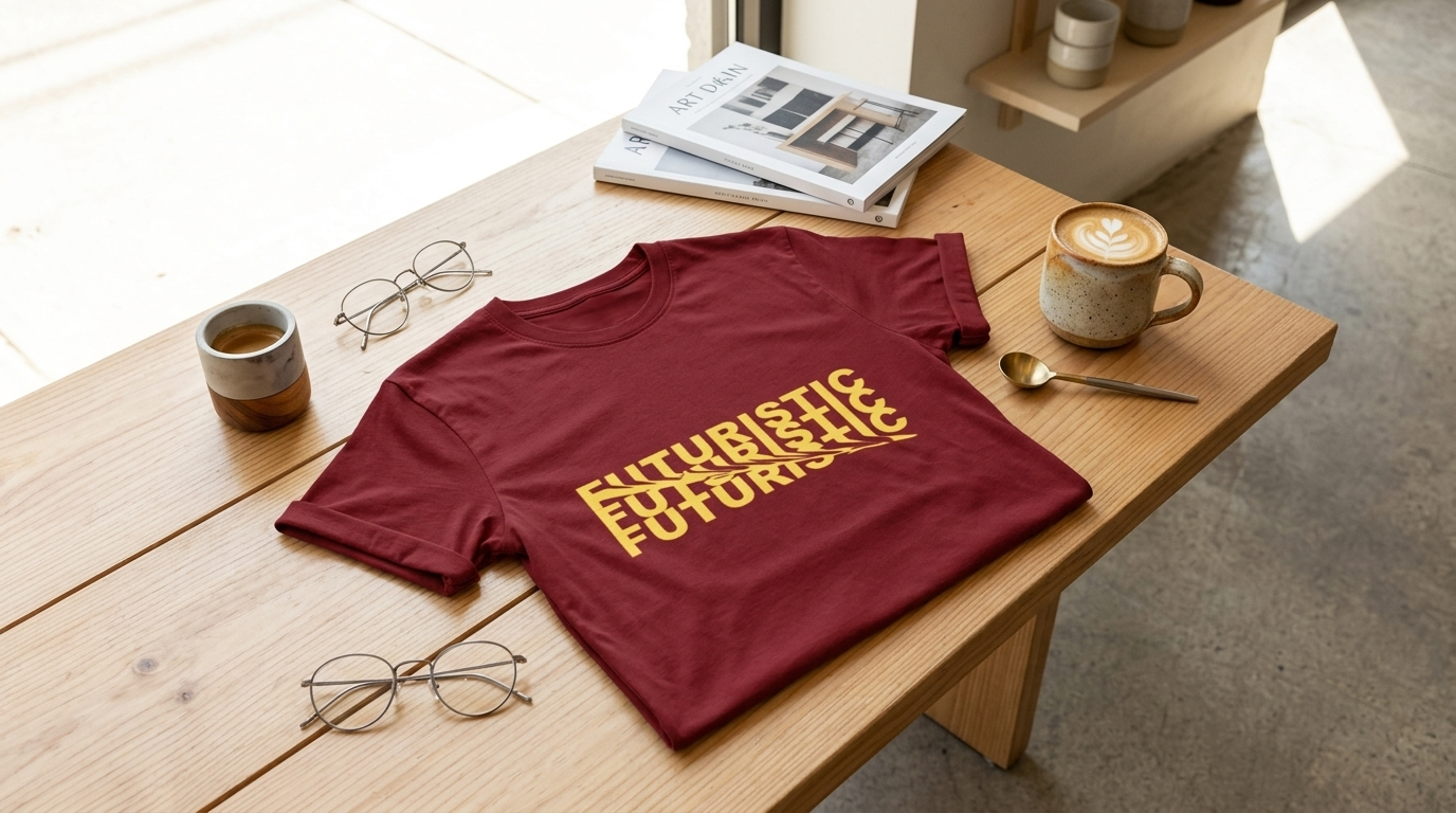A cozy artisan café scene with warm wood and ceramic accents, featuring a flat-lay of the unisex stretch T-shirt on a st