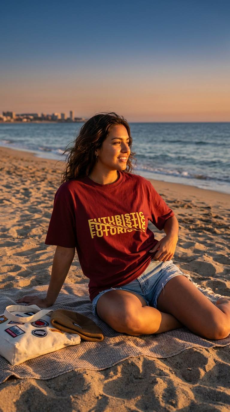 A Hispanic female model in her early twenties relaxes on a coastal beach, wearing the unisex stretch T-shirt. The scene 