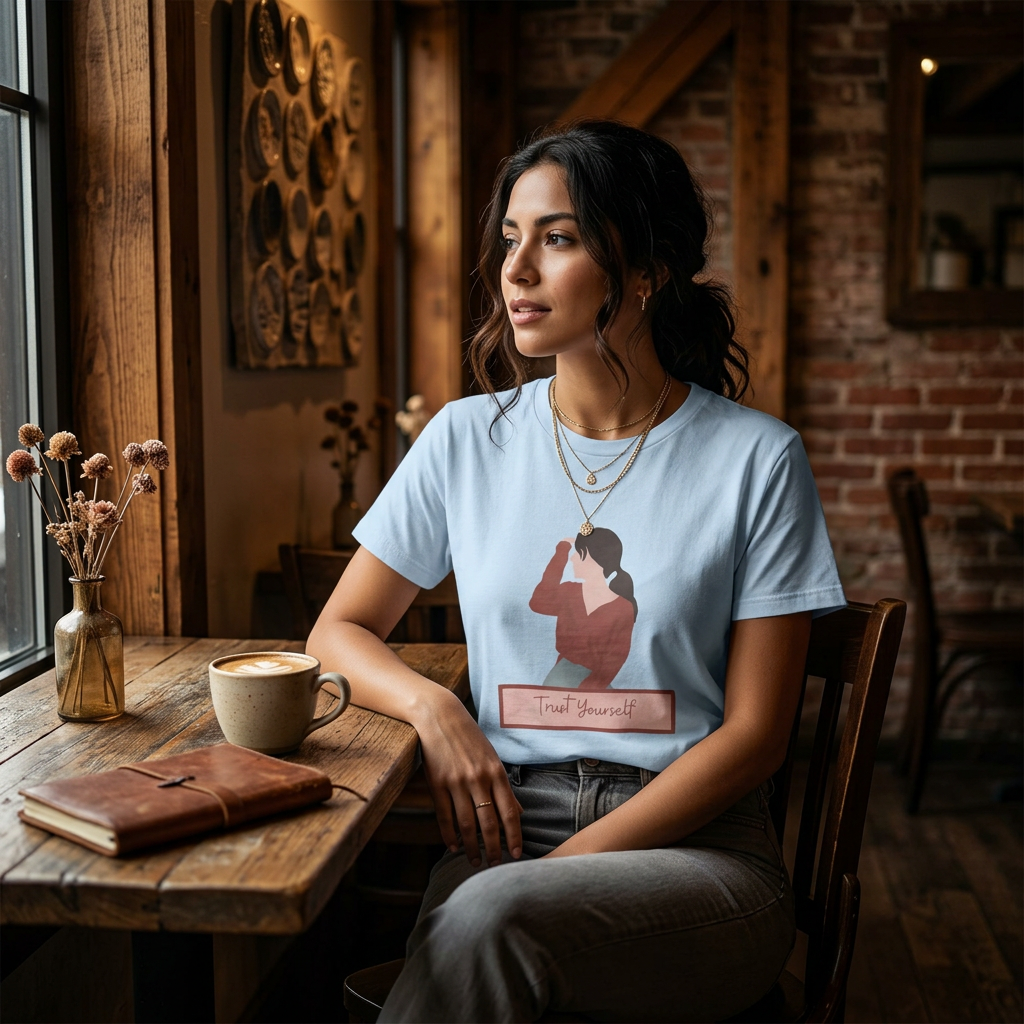 In a cozy artisan café, a Hispanic female model in her late twenties sits casually, wearing the unisex printed t-shirt. 