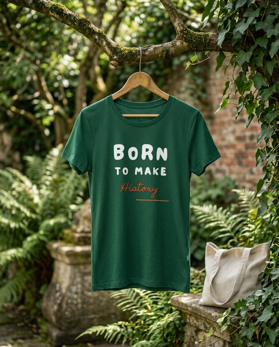 A Women’s Classic T-Shirt in lush green, hung naturally on a wooden hanger amidst a serene outdoor setting with rich gre