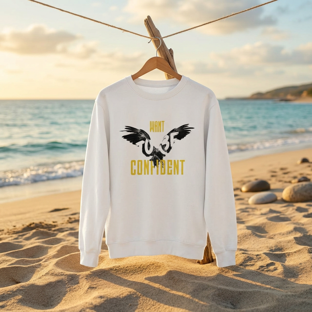 A unisex eco sweatshirt in organic cotton hangs naturally on a wooden hanger against a serene coastal beach backdrop. Th